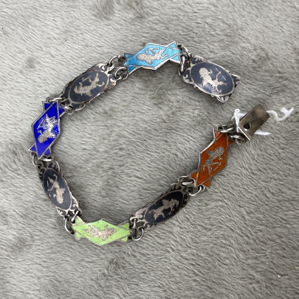 Vintage Siam Sterling Silver Bracelet Multicolor‎ Enamel 6.5"